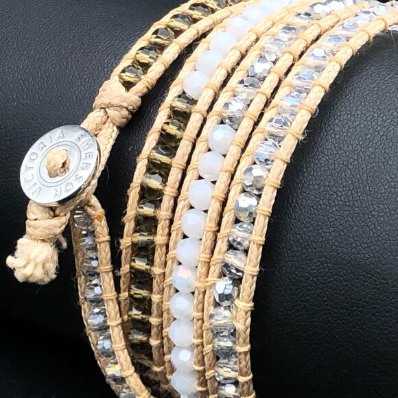 Victoria Emerson Bracelet 34" Beaded Boho Wrap Neutral Tan Crystals w/ Pouch - Picture 4 of 5